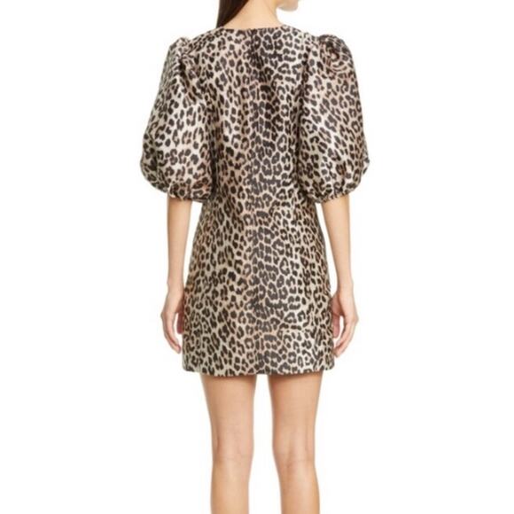 NWT Ganni Leopard Jacquard Puff Sleeve Mini Dress - Picture 2 of 9